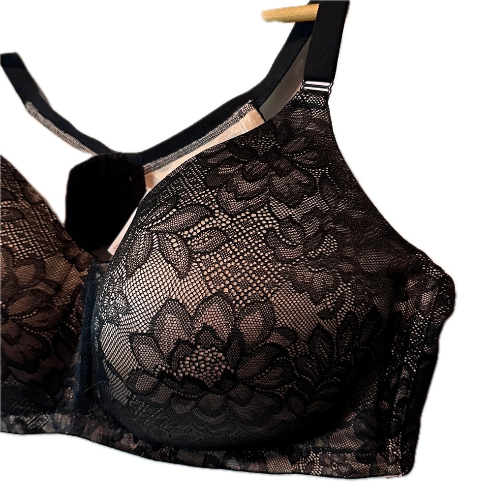 Cacique Lane Bryant Black Floral Lace Wireless Bra 50C Full Coverage Tan Lining
